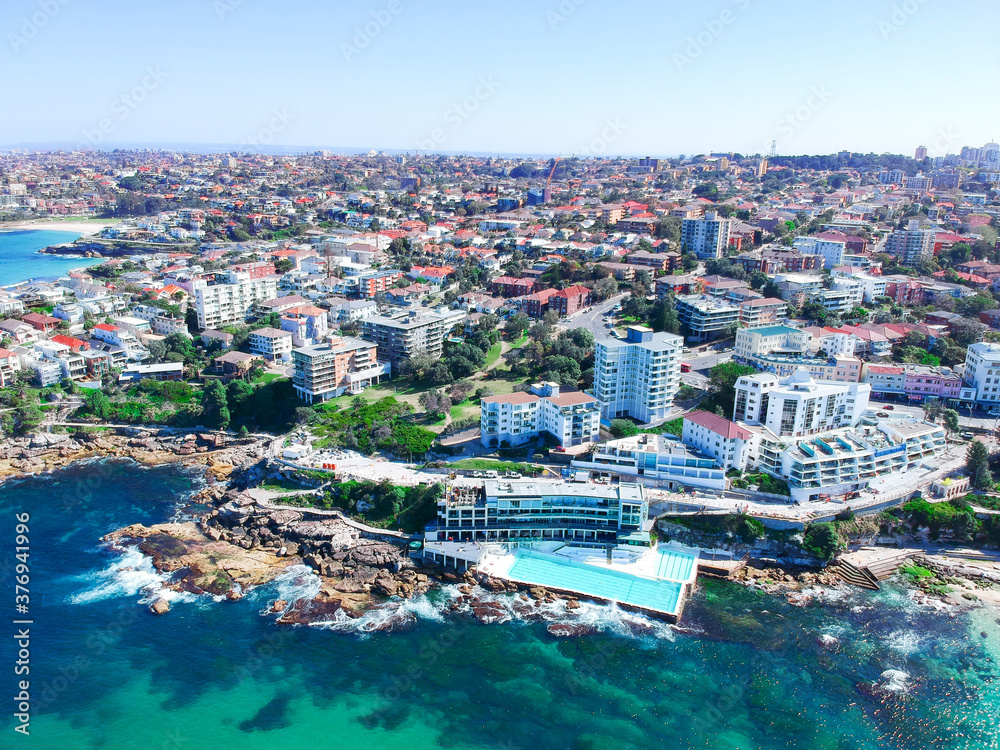 Panoramic  Aerial Drone View Bondi Beach Sydney NSW Australia