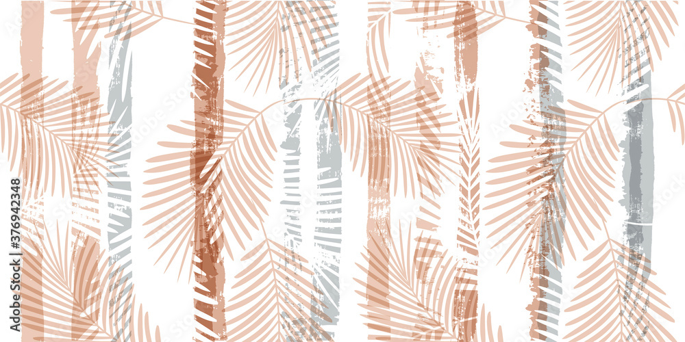 Fototapeta premium Tropical pattern, palm leaves seamless vector floral background. Exotic plant on pastel stripes print illustration. Summer nature jungle print. Leaves of palm tree on paint lines. ink brush strokes