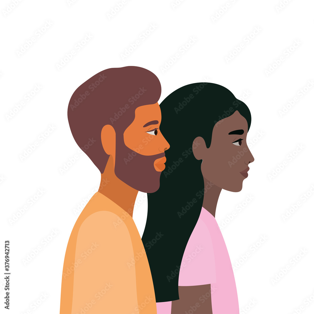 black woman and brown hair man cartoon in side view vector design
