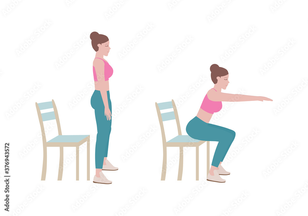 Exercises that can be done at-home using a sturdy chair.
Extend arms in front and level with the shoulders. Slowing bending at the hips and lower down to sit on the chair. with Chair Squats posture. 