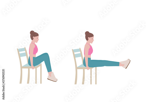 Exercises that can be done at-home using a sturdy chair.
Pull your knees in to one side of your chest. Push them out again and pull them in to the other side. with Crunch Kicks posture. Cartoon style.