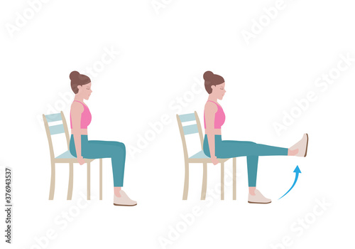Exercises that can be done at-home using a sturdy chair.
Slowly raise the leg until it is horizontal. Hold for five seconds, and slowly let it return to the ground.  with Knee Extension posture. 