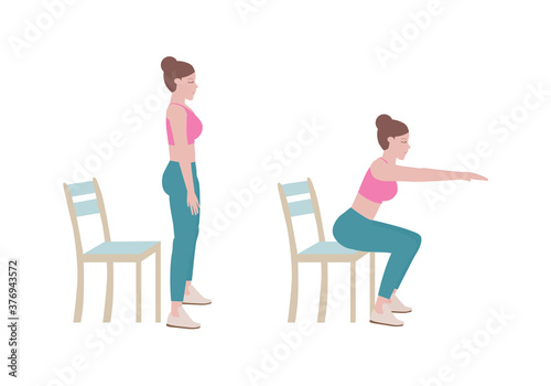 Exercises that can be done at-home using a sturdy chair.
Extend arms in front and level with the shoulders. Slowing bending at the hips and lower down to sit on the chair. with Chair Squats posture. 