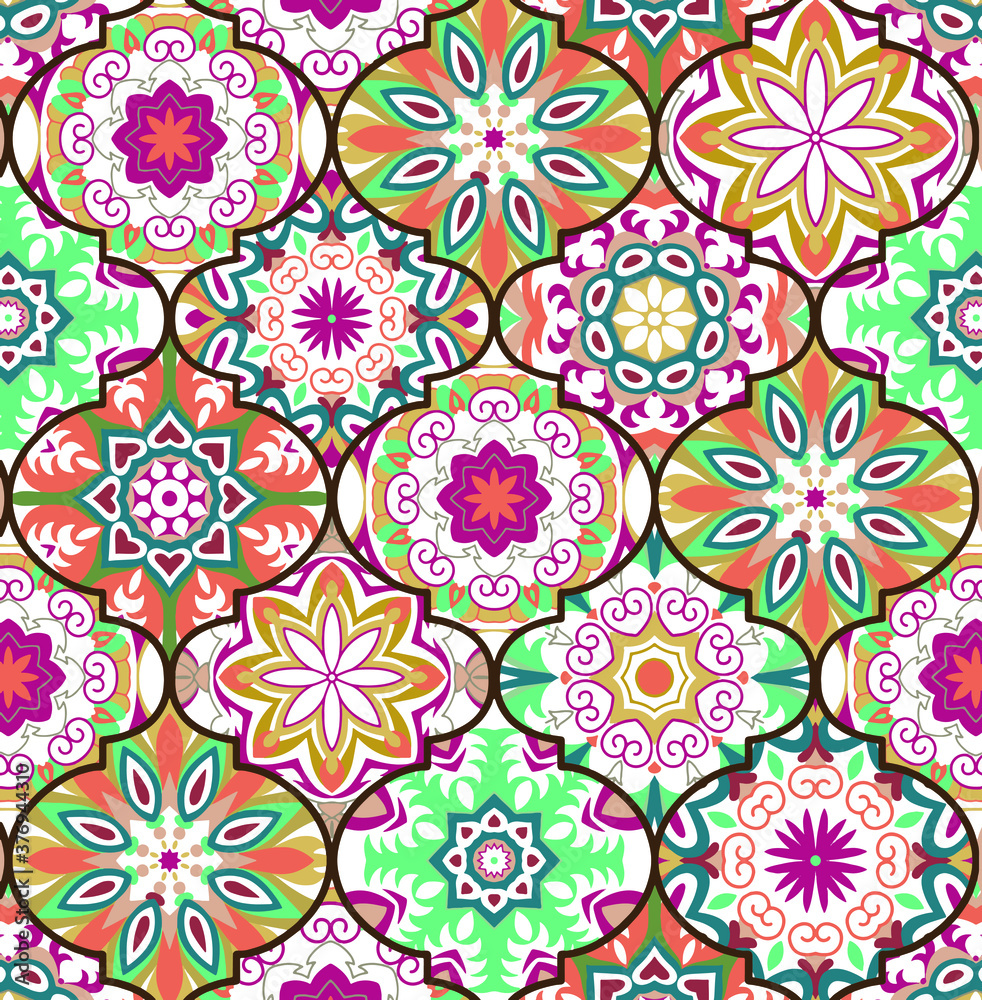 
Damask and Ogee  with colorful patchwork. Vintage multi color pattern in Turkish style. Endless pattern can be used for ceramic tile, wallpaper, linoleum, textile, web page background. Vector