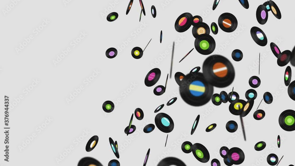 Flying many vinyl records on black background. Old technology. Retro design. 3D animation of music record rotating. Loop animation. Flying many vinyl records on black background. Old technology. Retro design. 3D animation of music record rotating. Loop animation.