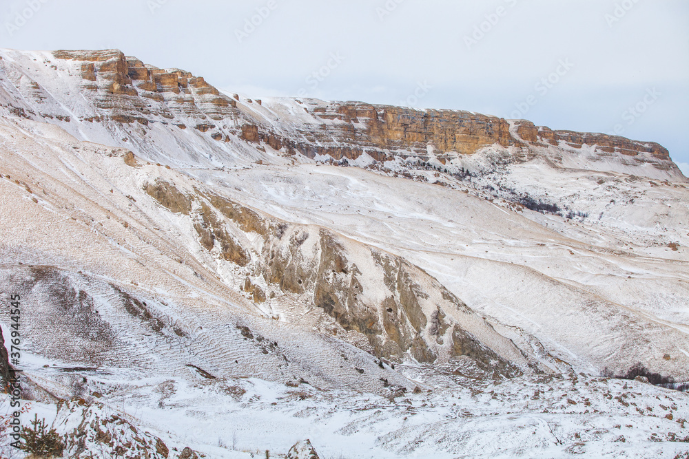 Bermamyt plateau. Karachay-Cherkessia, Russia. Caucasus Mountains winter landscape