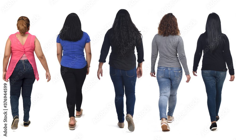 Obraz premium rear view of a group of latin american women walking on white background