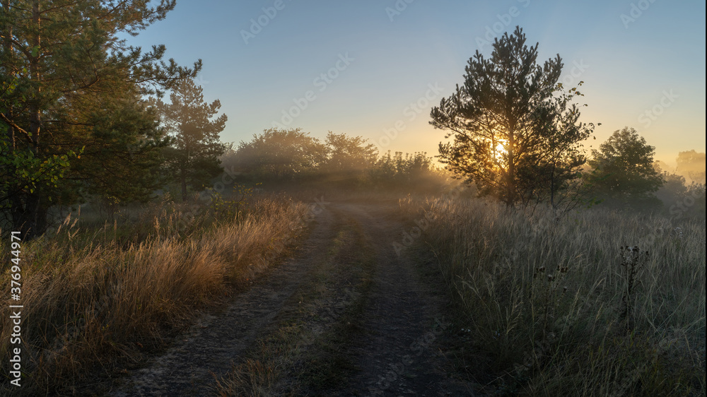 Autumn time. Dawn in a hazy, brooding haze. Beautiful view of the forest and field on a foggy early morning. The sun's rays of light. Autumn time. Dawn in a hazy, brooding haze. Beautiful view of the forest and field on a foggy early morning. The sun's rays of light.
