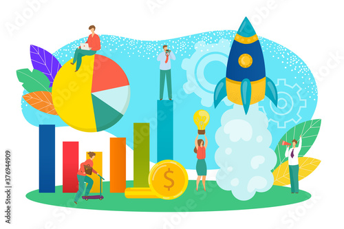 Start up concept of new business project vector illustration. Start-up development and launch new innovation product. Starting new technology idea, innovation. Creative startup with rocket symbol.