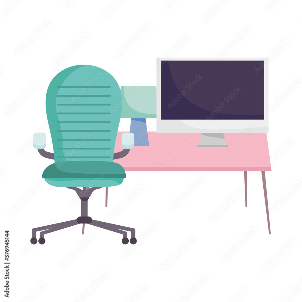 Fototapeta premium workspace armchair computer desk and lamp isolated design white background