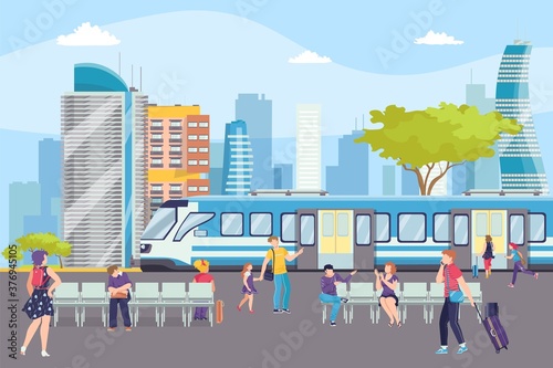 Train in subway station in metro underground, modern ferry station, urban transport vector illustration. Railroad in city with passengers. Subway station on cityscape with skyscrapers.