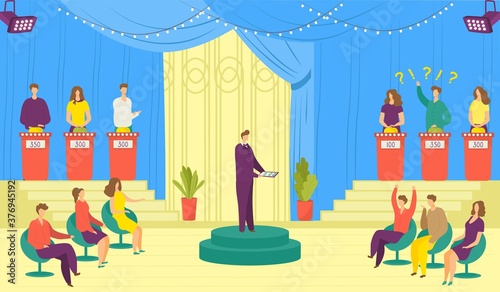 Television show, tv game vector illustration. Tv program of entertainment with participants answering questions or solving puzzles and host. Television quiz. Video broadcoast competition.