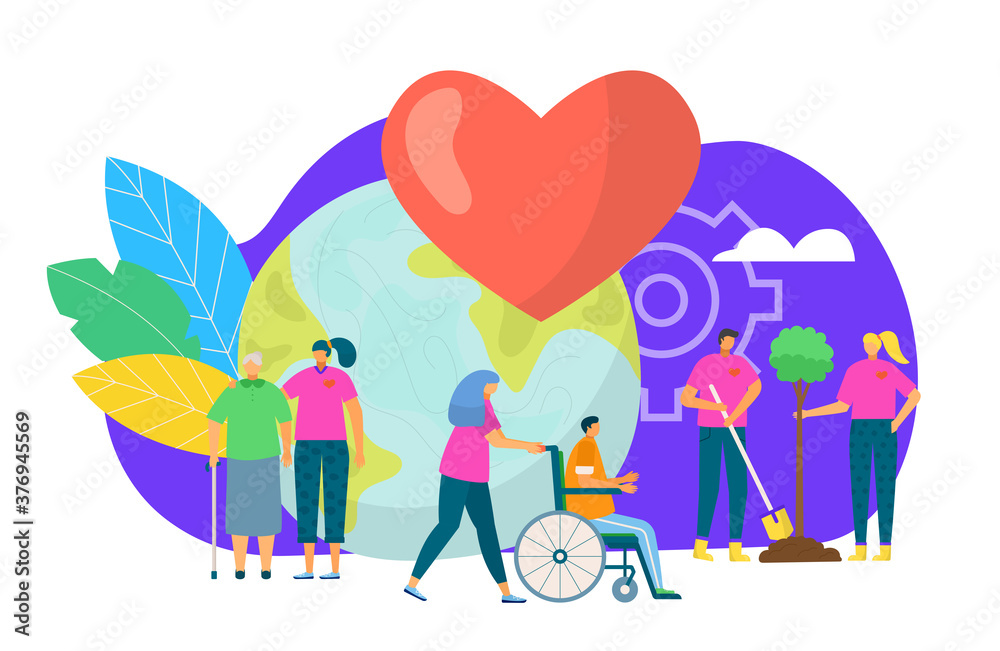Fototapeta premium Volunteers group concept, vector illustration. Volunteering, charity, people and ecology. Group of volunteers planting trees in park, care for eldery. Volunteers organisation and participation.