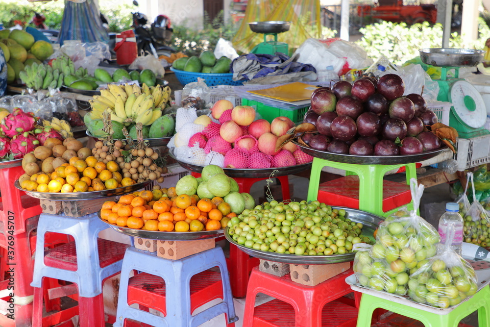 Tropical fruit sold in a Cambogian food street market