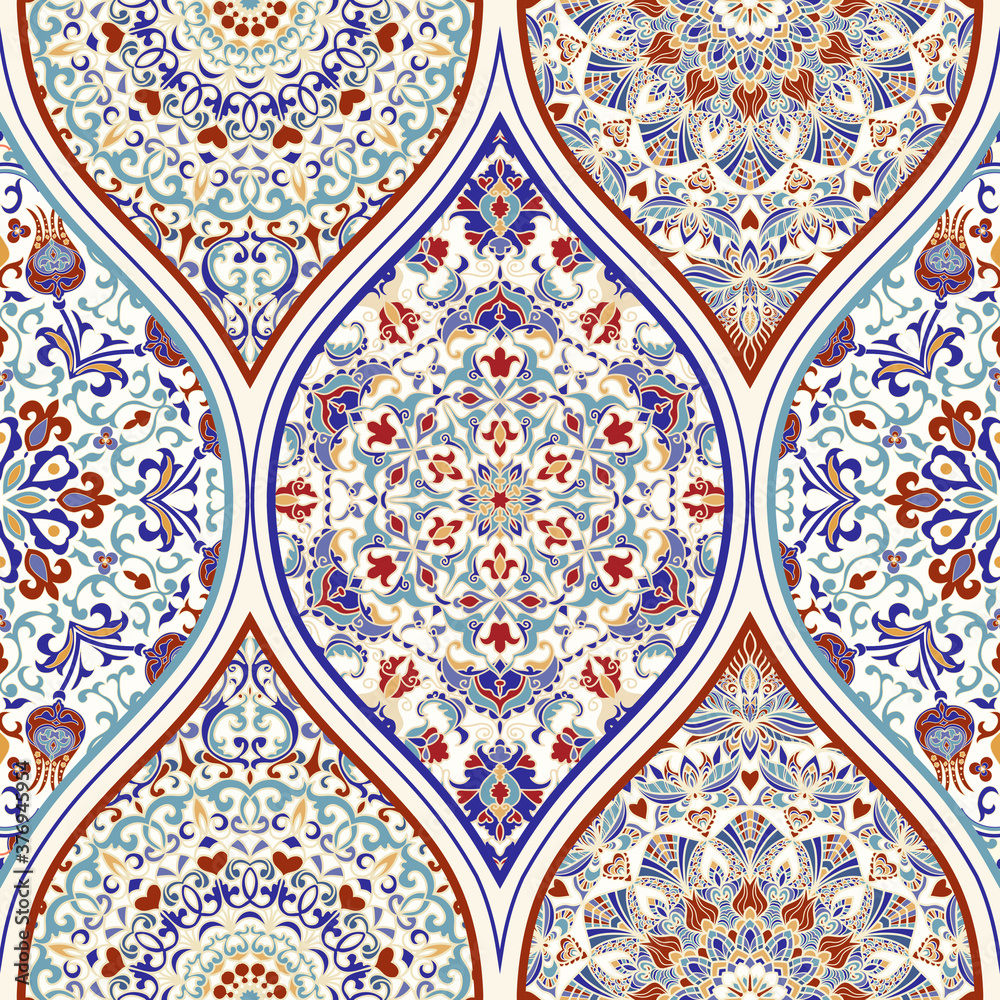 Seamless ceramic tile with colorful patchwork. Vintage multicolor pattern in turkish style. Hand drawn background. Islam, Arabic, Indian, Ottoman motifs