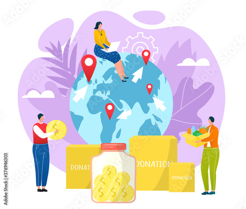 Goodwill concept, charity and donation vector illustration. People carrying money, donation boxes filled with used goods, clothing and donated food. Goodwill people volunteering, altruism in world.