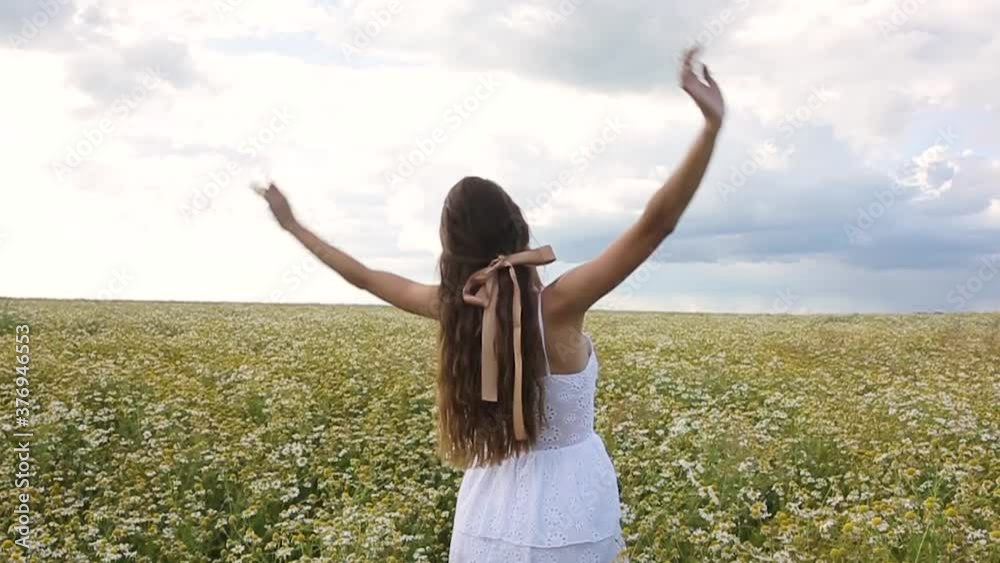 young woman long hair and white dress in the field chamomile on the summer Blue skyline young woman long hair and white dress in the field chamomile on the summer Blue skyline