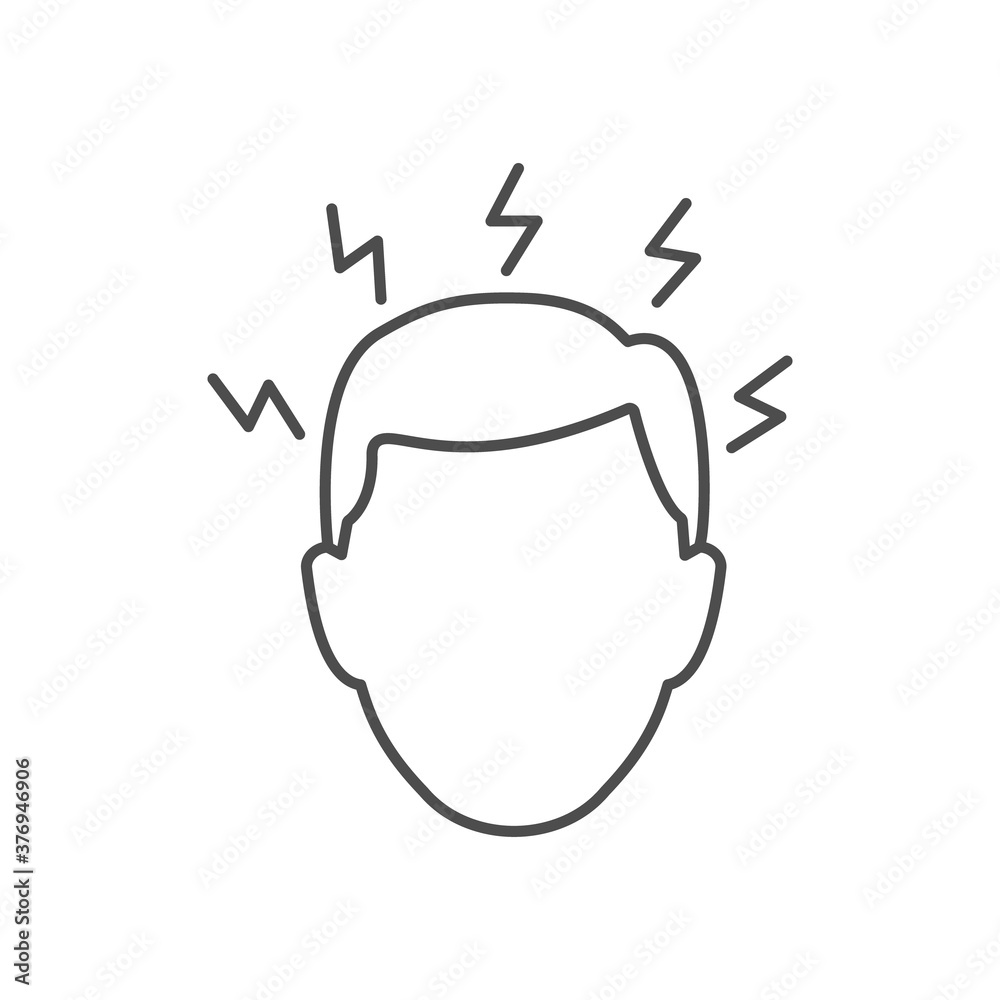 Migraine linear icon. Human head with lightning bolt flu symptom