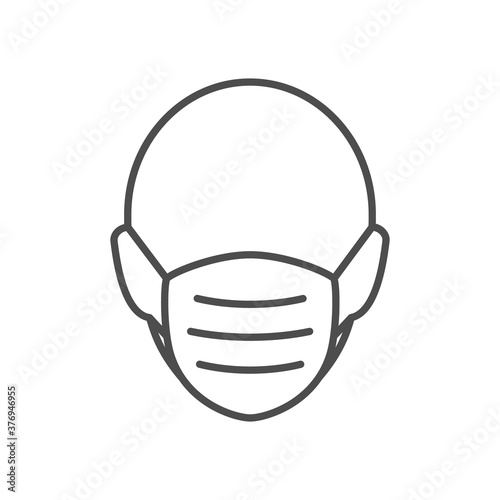 Man head in face mask line icon. Protection medical wear from virus, air pollution, flu, dust illustration isolated on white.