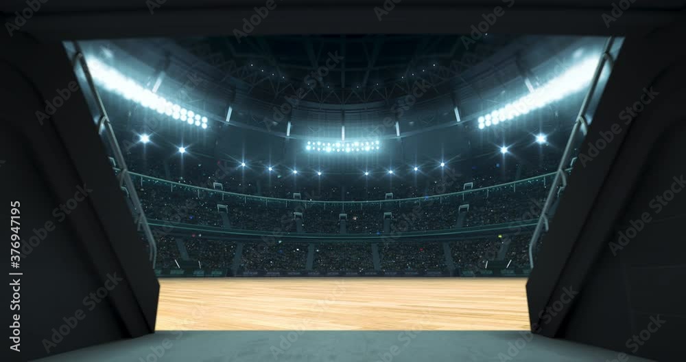Entrance tunnel leading to illuminated basketball stadium with wooden floor and full of fans. Glowing stadium lights in 4k video background.