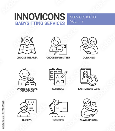 Babysitting services - vector line design style icons set