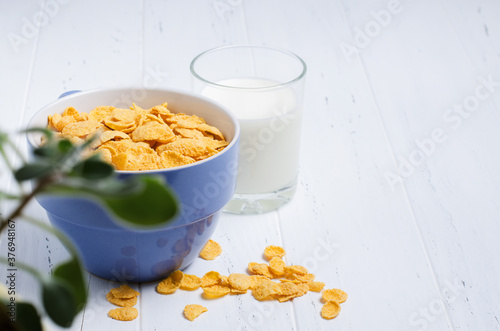 Corn flakes and milk on a white wooden background. Healthy breakfast. Copy space