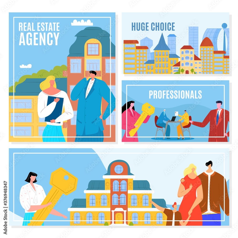 Real estate agency banners set vector illustration. House sale offering, rent and mortgage. Real estate agents, houses for sale, customers. Property business, apartment sale, investment agency. Real estate agency banners set vector illustration. House sale offering, rent and mortgage. Real estate agents, houses for sale, customers. Property business, apartment sale, investment agency.