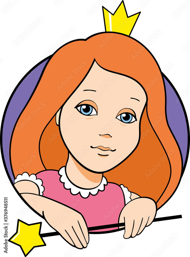 cute little redhead princess with small crown holding magic wand