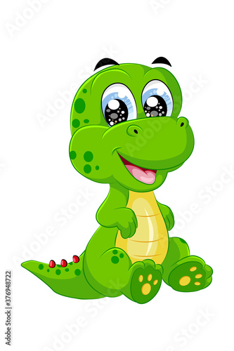 A little cute and small green yellow dinosaur, design animal cartoon vector illustration
