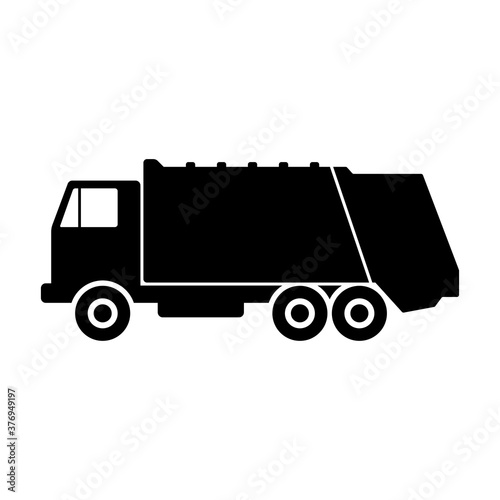 Garbage truck icon. Side view. Black silhouette. Vector flat graphic illustration. The isolated object on a white background. Isolate.