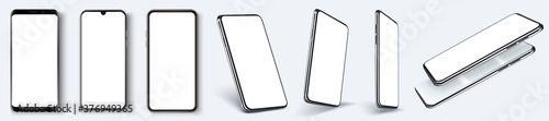Cellphone frame with blank display isolated templates, phone different angles views. Mockup smartphone device collection with thin frame and blank screen isolated. Vector template app or ux design.