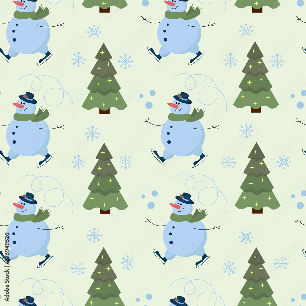 Vector seamless pattern with snowman in the hat and scarf skating near the Christmas tree with snowflakes. For Christmas decorations.
