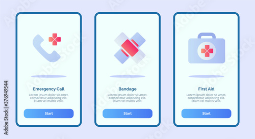 Medical icon Emergency call bandage first aid for mobile apps template banner page UI with three variations modern flat color style