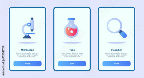 Medical icon microscope tube magnifier for mobile apps template banner page UI with three variations modern flat color style