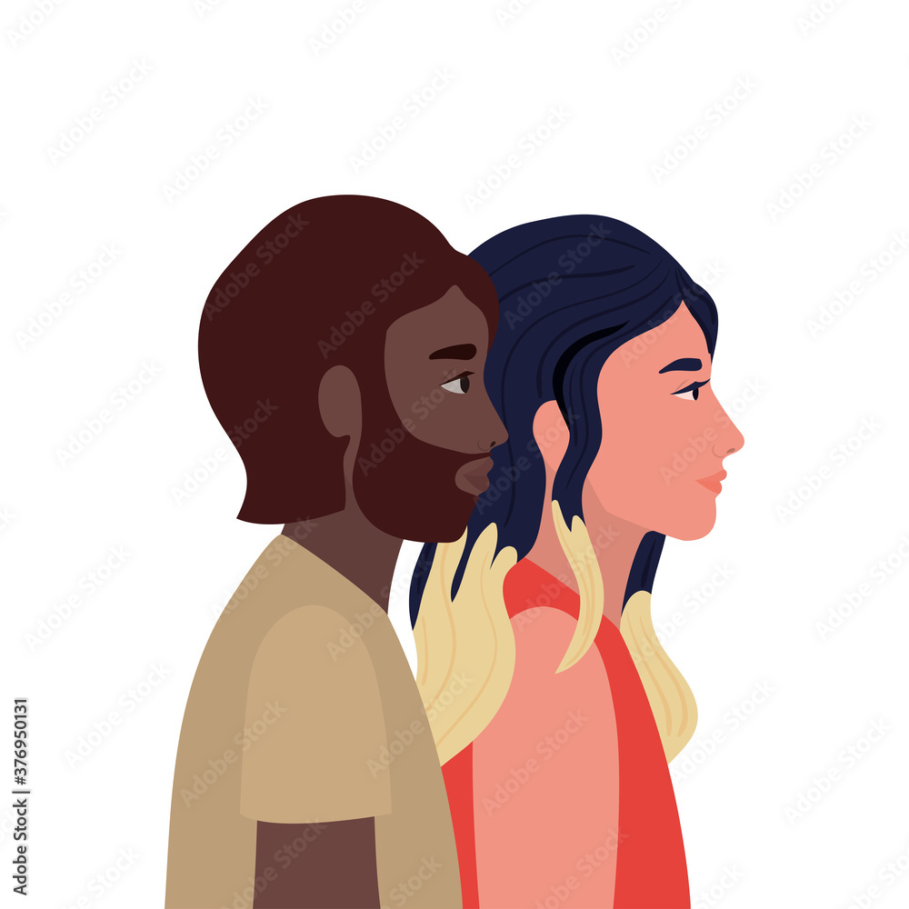 woman and black man cartoon in side view vector design