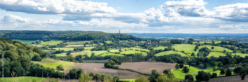 Stinchcombe Hill looking towards the Tyndale Monument and North Nibley, The Cotswolds, Gloucestershire, England, United Kingdom. 