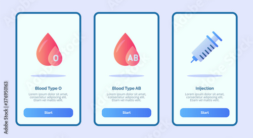 Medical icon blood type O blood type AB Injection for mobile apps template banner page UI with three variations modern flat color style