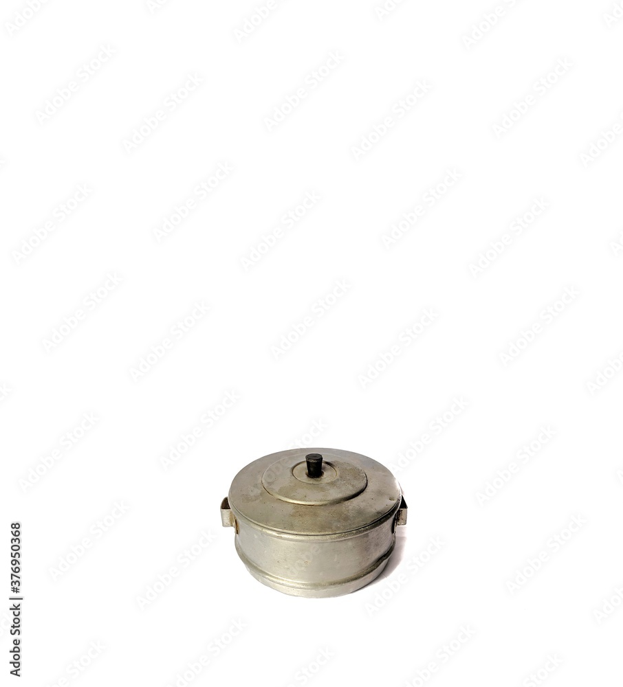 Old camping pot on white background. Cookware