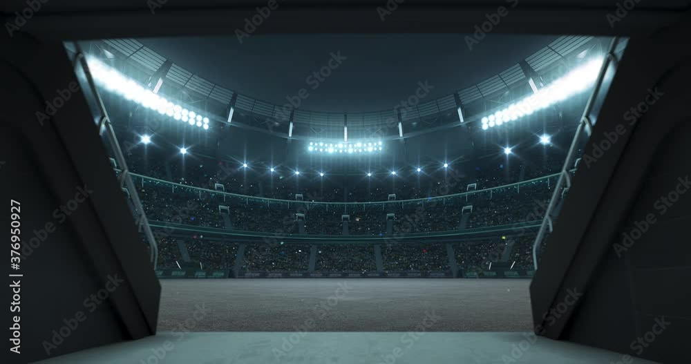 Entrance tunnel leading to illuminated racing stadium with asphalt ground and full of fans. Glowing stadium lights in 4k video background.