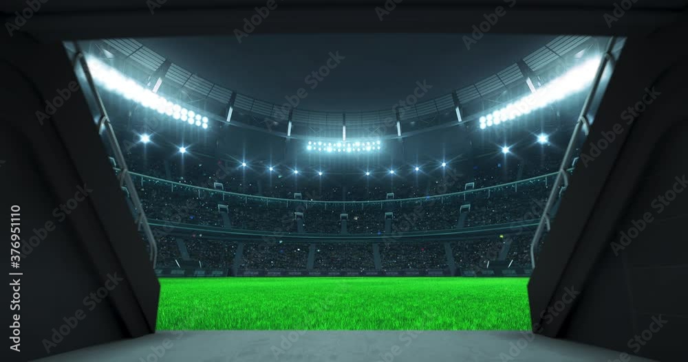 Entrance tunnel leading to illuminated universal stadium with green grass and full of fans. Glowing stadium lights in 4k video background.
