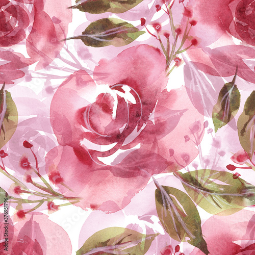 Roses Seamless Pattern. Watercolor Background. Hand Painted Illustration.