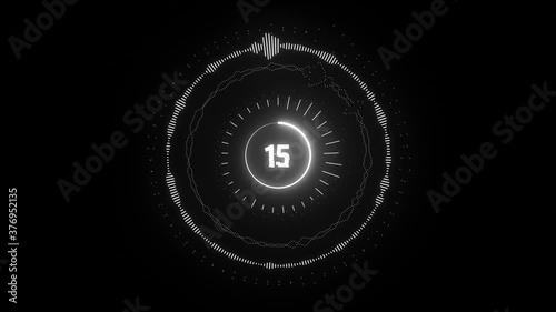 Black & White Countdown 20 second with futuristic wave spectrum effect element.
Loop Abstract count down interface HUD wave motion like music equalizer, audio waves, spectrum, sound frequency.