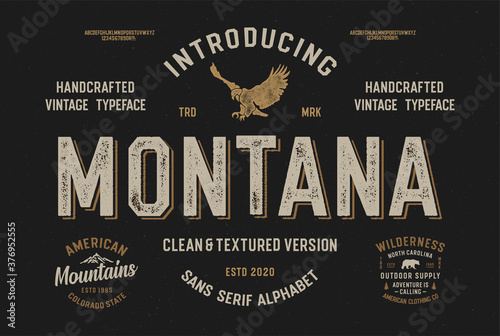  " Montana" State. Octagonal Alphabet. Retro Typeface. Clean & Textured Versions Included. Vector Illustration.