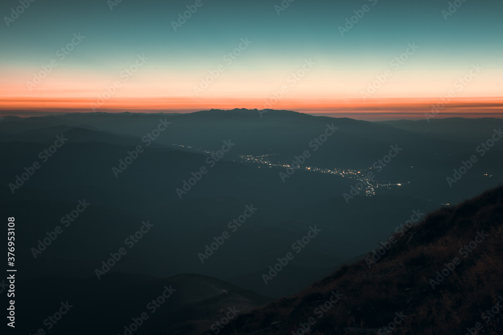 Beautiful sunset landscape from the mountains in autumn season