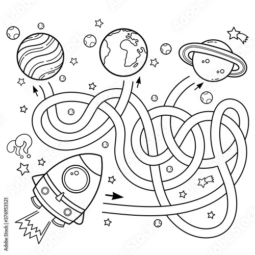 Maze or Labyrinth Game. Puzzle. Tangled Road. Coloring Page Outline Of Cartoon rocket in space. Coloring book for kids.