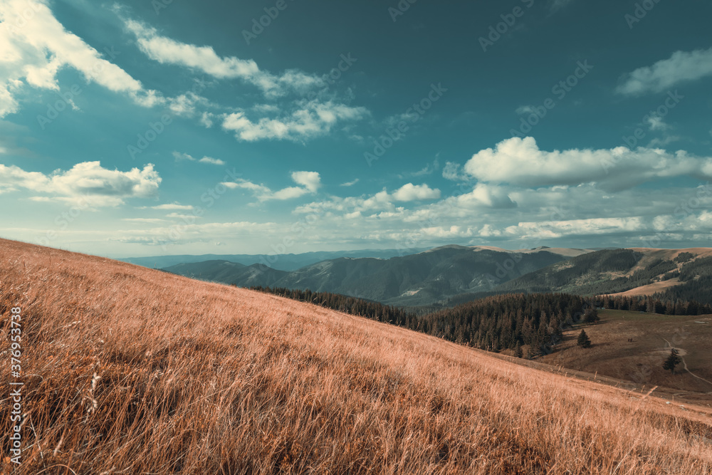 Beautiful mountain landscape in autumn season with yellow grass