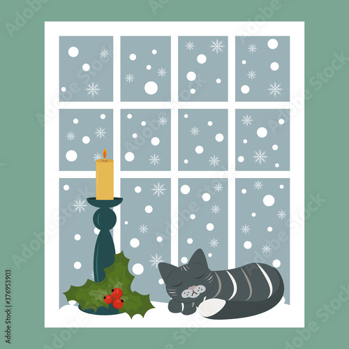 Winter dream vector illustration. The cat is sleeping comfortably on the window next to the candlestick, it is snowing outside the window.