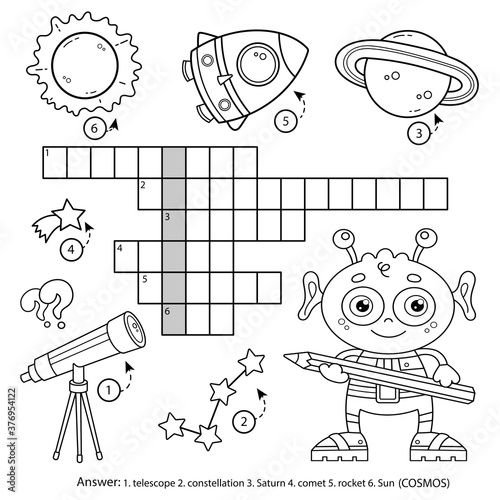 Space crossword puzzle. Alien with telescope,  planets and rocket. Coloring book for kids.