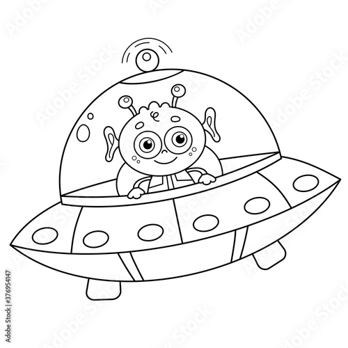Coloring Page Outline Of a cartoon flying saucer with alien. Space. Coloring book for kids.