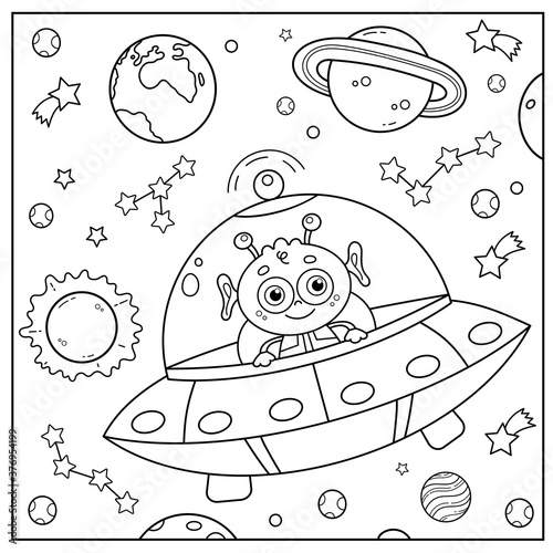 Coloring Page Outline Of a cartoon flying saucer with alien in space. Coloring book for kids.